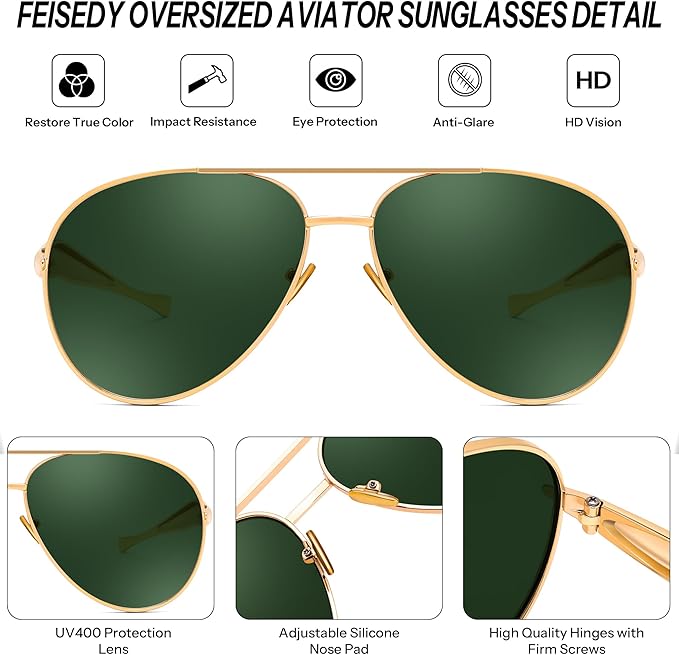 FEISEDY Oversized Aviator Sunglasses Women Men - Retro Gold Metal Chunky Frame, UV400 for Driving & Daily Wear B0311