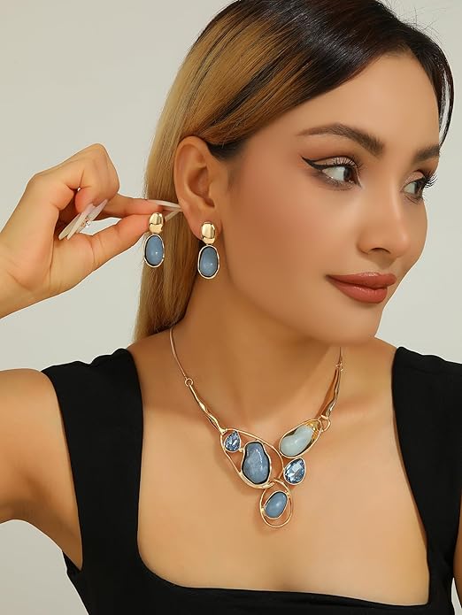 Chunky Statement Jewelry Set Blue Ocean Seashell Choker Necklaces Earrings Set for Women Pearl Bib Collar Necklaces for Party Prom Pageant Summer Fashion Jewelry Unique Birthday Gift