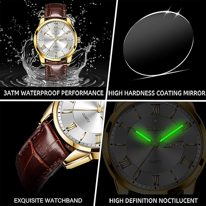 Leather Band Mens Watches with Day Date Quartz Analog Large Face Classic Watch Roman Numerals Dress Luminous Rlojes para Hombres