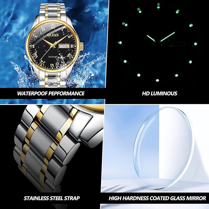 OLEVS Classic Men Watches with Date,Stainless Steel Man Watch with Date, Bussiness Watches for Men,Luminous Quartz Mens Watches Black/White/Blue/Gold, Waterproof Male Watch with Week