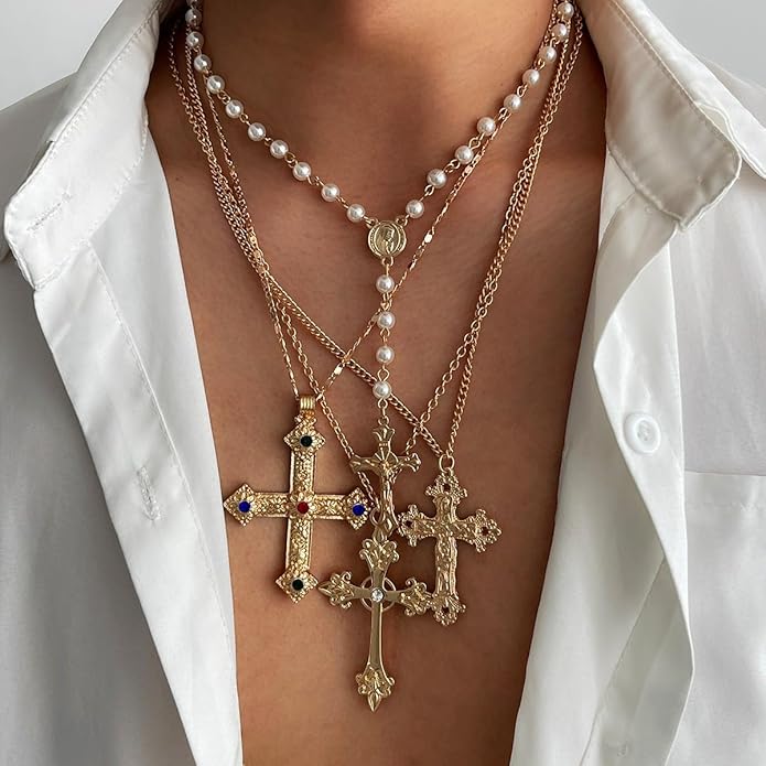 Gold Color Cross Pendant Necklace Set for Women,Dainty Big Crystal Cross Imitation pearl Layered Chain Necklace Summer Party Jewelry