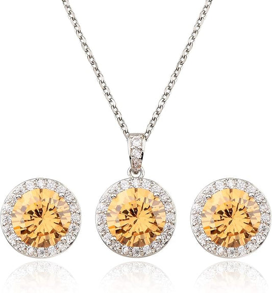 Bridal Crystal Jewelry Set - Sterling Silver Round Cubic Zirconia CZ Rhinestone Halo Birthstone Pendant Necklace Stud Earrings Set for Wedding Bride Bridesmaids Birthday Gift