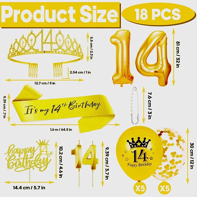 14th Birthday Decorations for Her Girls Set, Include 14th Birthday Crown and 14 Sash, 14th Birthday Cake Topper and 14 Birthday Candles, Gold 14 Balloons, Women 14th Party Supplies(Gold)