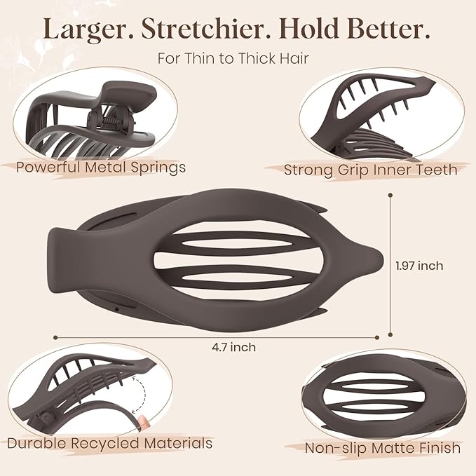 4 PCS Large Flat Hair Clips for Women Girls, French Concord Lay Down Claw Clips for Thick Thin Hair, Comfortable Curved Flat Clips, Matte Non-slip Strong Hold Hair Accessories, Brown
