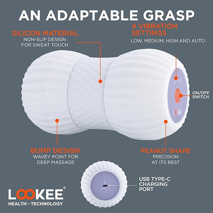 LOOKEE Vibrating Massage Roller for Plantar Fasciitis - 4-Speed Peanut Massage Ball for Deep Tissue Therapy from Neck to Feet Massager - Vibrating Foot Roller