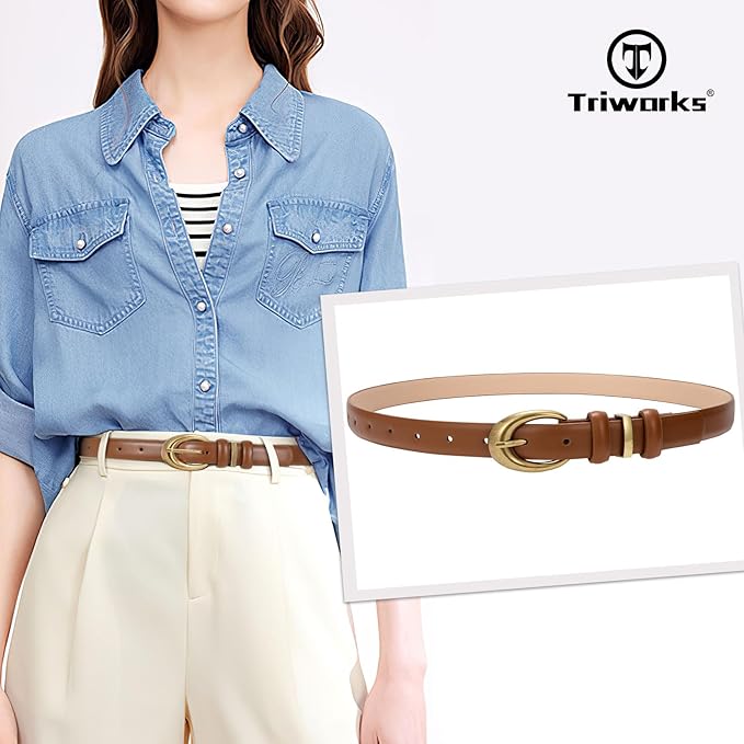 TRIWORKS Women Leather Belt for Jeans Pants Fashion Ladies Skinny Faux Leather Dress belt with Gold Buckle