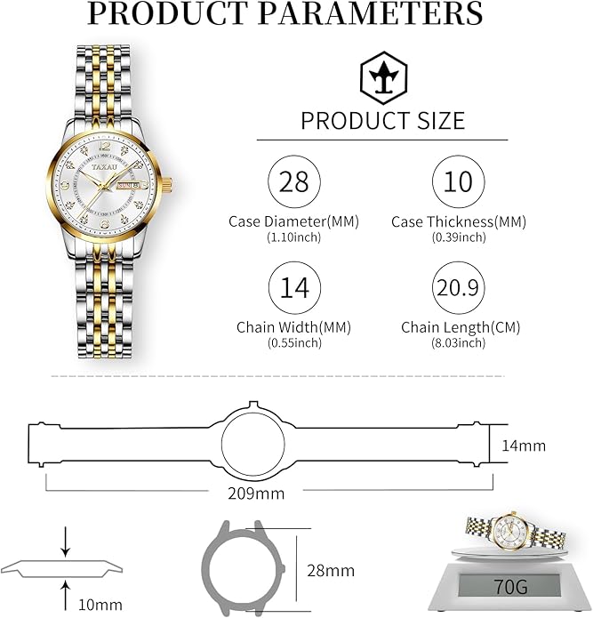Gold Silver Two Tone Women Stainless Steel Watch Small Wrist ElegantDress Watch for Women Fashion Luxury Waterproof Day Date Analog Quartz Ladies Watches