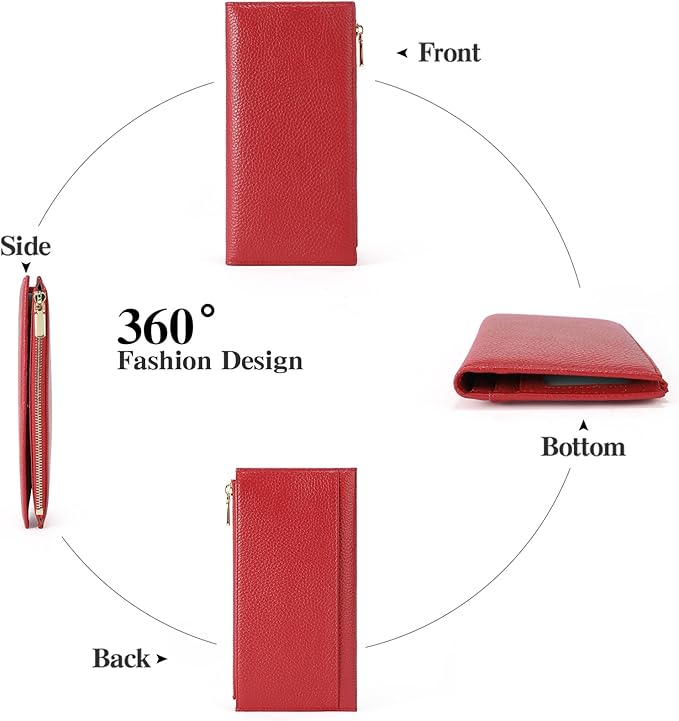 Slim Blue Wallet for Women, RFID Blocking Genuine Leather Bifold with Secure Zippered Coin Pocket (Red)