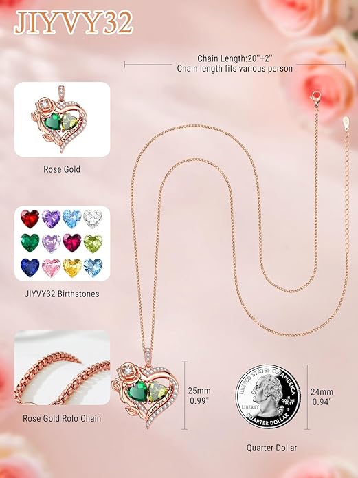 Rose Heart Necklaces for Women, Rose Gold Forever Love Jewelry with 2 Birthstones Pendant, Christmas Anniversarry Birthday Gifts for Her Wife Mom Grandma, 18+2 Inch Chain