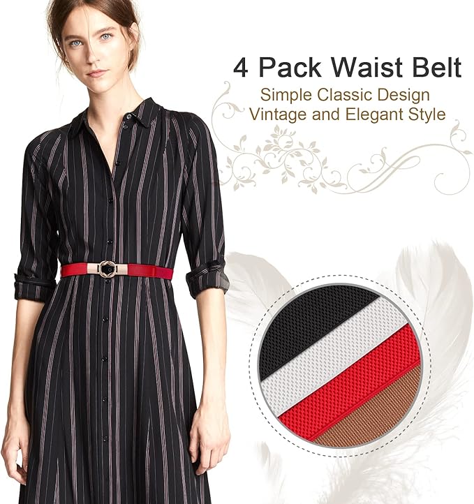 WERFORU Women Skinny Belt for Dresses Retro Stretch Waist Belt with Gold Buckle Set of 4