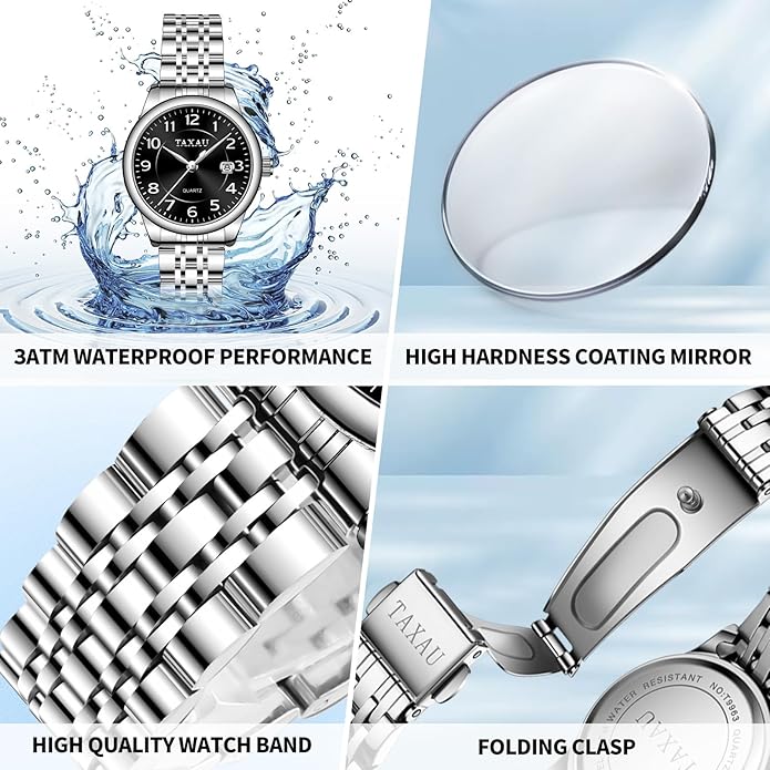 Womens Watch Fashion Dress Waterproof Silver Watches for Women Casual Easy Read Quartz Analog Women's Watch Two Tone Stainless Steel Ladies Watches with Day Date