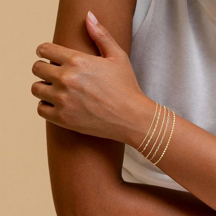 MBW Gold Bracelets for Women Trendy, Dainty 14K Gold Plated Bracelet Stack Beaded Chain Bracelet Set Thin Small Cute Paperclip Bracelets Fashion Waterproof Jewelry Gift Gold Accessories for Women