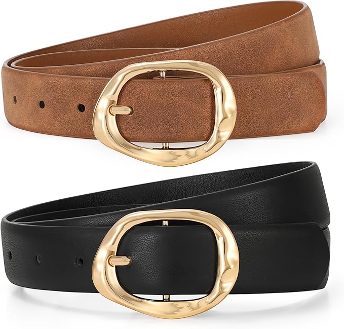 TRIWORKS 2 Pack Leather Belts for Women Fashion Waist Belt with Liquid Shapes Women Belt for Jeans Pants Dresses