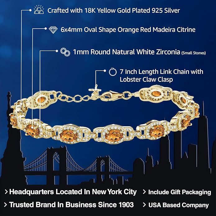 Gem Stone King 18K Yellow Gold Plated Silver Oval Gemstone Birthstone Tennis Bracelet For Women | Oval 6X4MM | 7 Inch With 1 Inch Extender | Fine Jewelry Gifts for Her Mom Women Wife