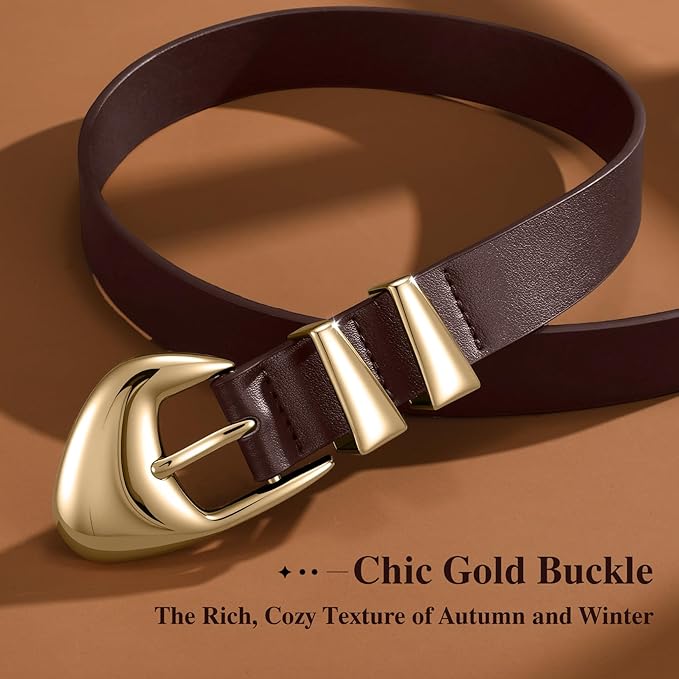 XZQTIVE Women's Leather Belts for Jeans Dress Pants Black Brown Belts for Women Ladies Waist Belts with Gold Buckle