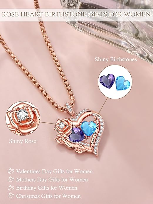 Rose Heart Necklaces for Women, Rose Gold Forever Love Jewelry with 2 Birthstones Pendant, Christmas Anniversarry Birthday Gifts for Her Wife Mom Grandma, 18+2 Inch Chain