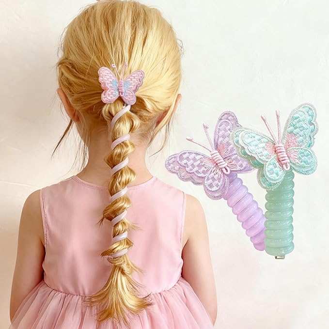 5PC Pearl Butterfly Telephone Wire Hair Ties – Spiral Elastic Bubble Ponytail Hair Bands for Women & Girls, No Damage, Soft & Stretchy Hair Accessories for High Ponytails and Braids(set-A)