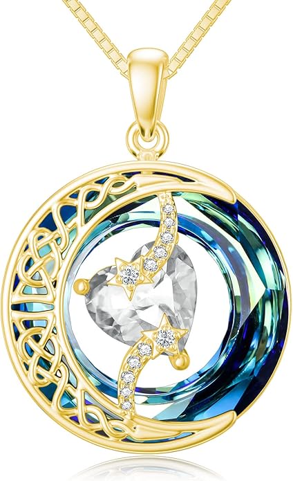 TOUPOP Birthstone Necklace 925 Sterling Silver Moon and Star Pendant with Blue Crystal Celtic Moon Jewelry Birthday Valentines Day Gifts for Women Mom Wife Her