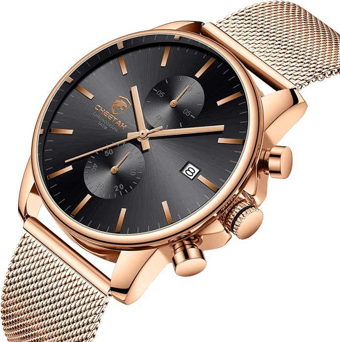 GOLDEN HOUR Mens Watch Fashion Sleek Minimalist Quartz Analog Mesh Stainless Steel Waterproof Chronograph Watches for Men with Auto Date
