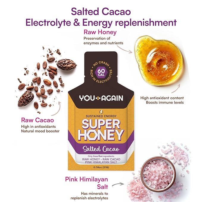 You Again Super Honey Clean Energy Gel, Himalayan Salted Chocolate | Electrolyte Replenishment Running Fuel | Endurance Workouts & Cycling Gel | Paleo & Carnivore Snack | Gluten-Free | 8-Pack