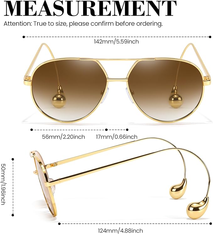 SODQW Trendy Aviator Sunglasses for Women with Earring Gold Metal Frame Fashion Sun Glasses