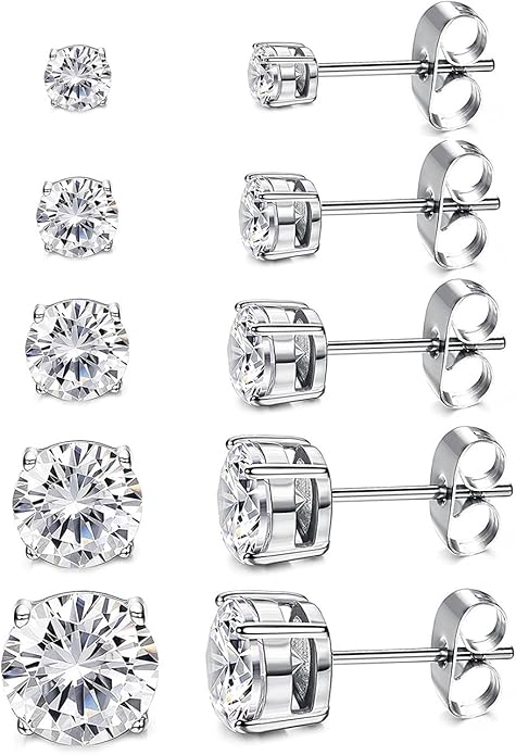 Kainier Women's 14K Gold Plated CZ Stud Earrings Simulated Diamond Round Cubic Zirconia Ear Stud Set（5 Pairs)…