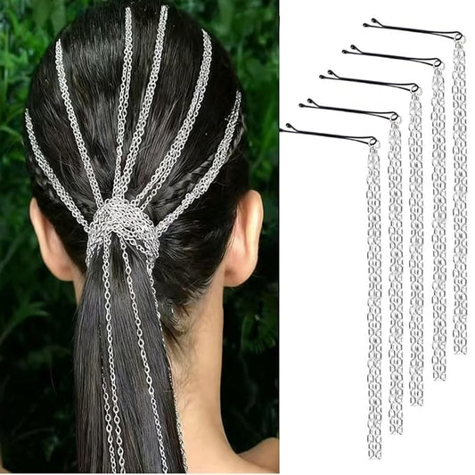 5PCS Dreadlocks Metal Tassel Ponytail Multi-Strand Hair Chain Prom Party Concave styling hair accessories hair extension chain with clip for girls and women (silver)
