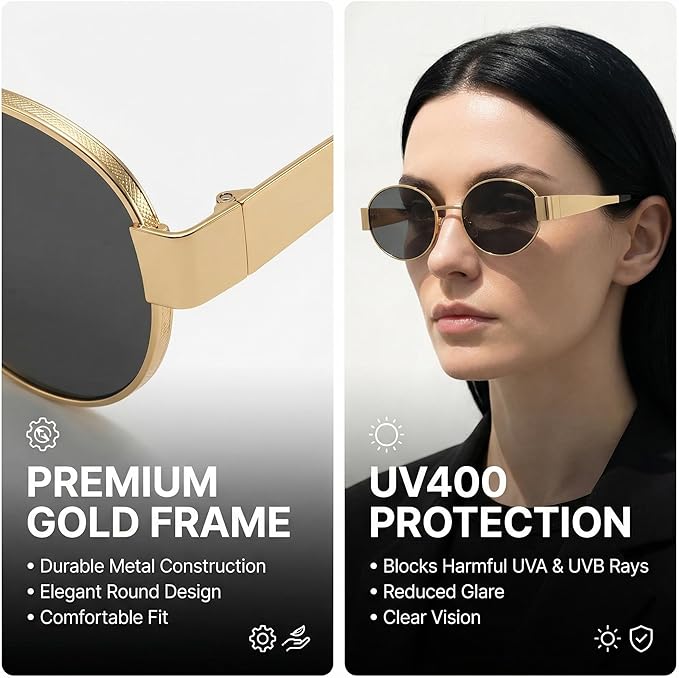 Retro Round Sunglasses for Men Women - Classic Metal Frame Circle Glasses - Vintage Steampunk Style Eyewear (Gold & Silver)