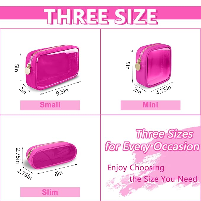 Clear Small Makeup Bag with Zipper, Nylon&PVC Cosmetic Travel Bag Preppy TSA Approved Toiletry Bag for Women Girls, Transparent Waterproof Makeup Pouches Cute Travel Bag for Purse(Small-Hot Pink)