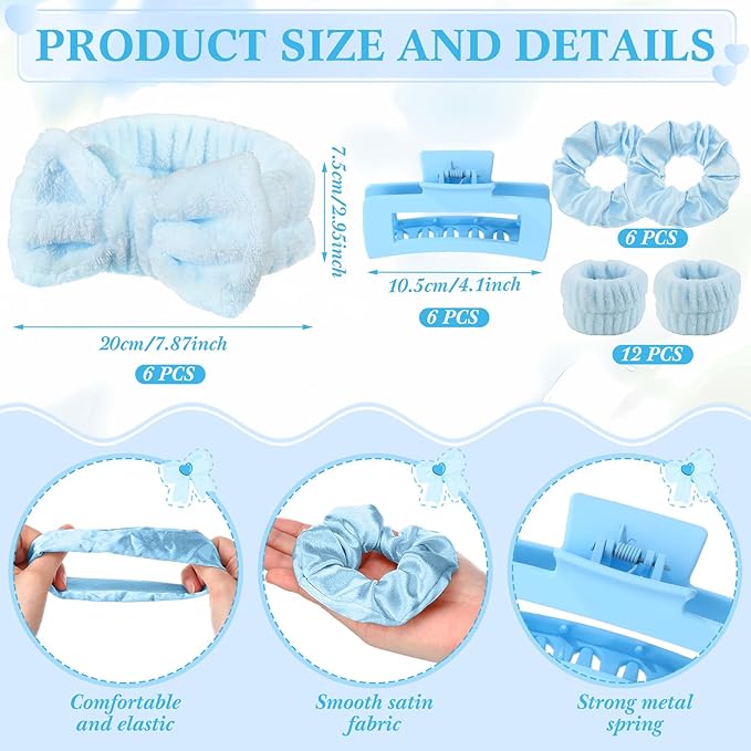 Spa Party Favors Pink Sleepover Party Supplies Bow Headband Wristband Scrunchies Hair Clip Jewelry Case Makeup Bag Mirror for Women Bridesmaid Return Gifts(Blue,48 Pcs)