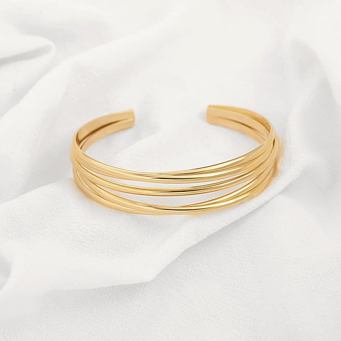 POTESSA 18K Gold Plated Cuff Bracelets Adjustable Dainty Bangle Handemade Jewelry for Women