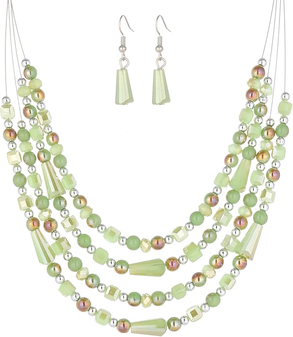 Layered Beaded Statement Necklace Multi Strand Crystal Beads Collar Necklace and Earring Sets for Women Fashion Costume Jewelry Set Gifts for Her