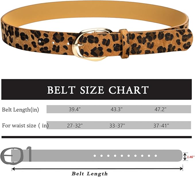 Women’s Leopard Print Leather Belts for Women, Cheetah Print Belt with Gold Buckle, Width 1.46"