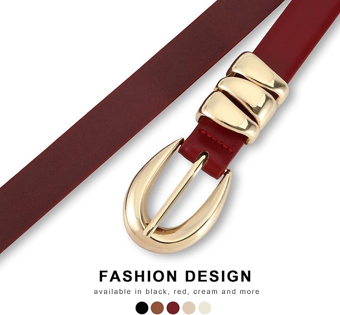 Skinny Leather Waist Belt - Gold Buckle Dress Belt for Women's Jeans & Dresses