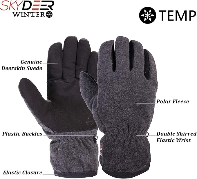 SKYDEER Winter Gloves with Soft Deerskin Suede Leather & Thermal Polar Fleece & Warm 3M Thinsulate Insulation (SD8661T)