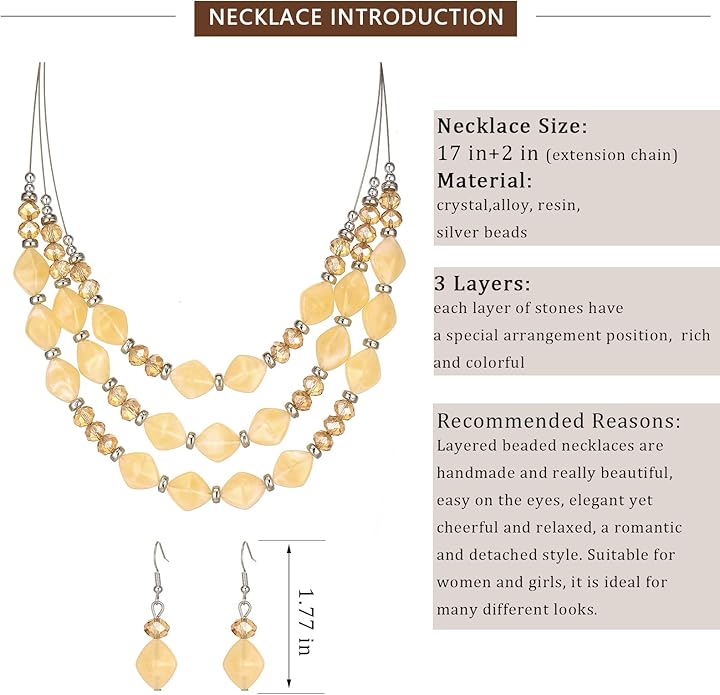 3 Layered Chunky Statement Necklace for Women Beaded Strand Necklaces with Earring Fashion Costumes Collar Necklace Jewelry Sets Gifts for Women
