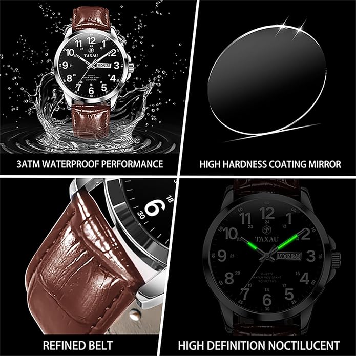 Watches for Men Leather Large Arabic Numerals Mens Watches Waterproof Band with Date Quartz Men's Wrist Watch