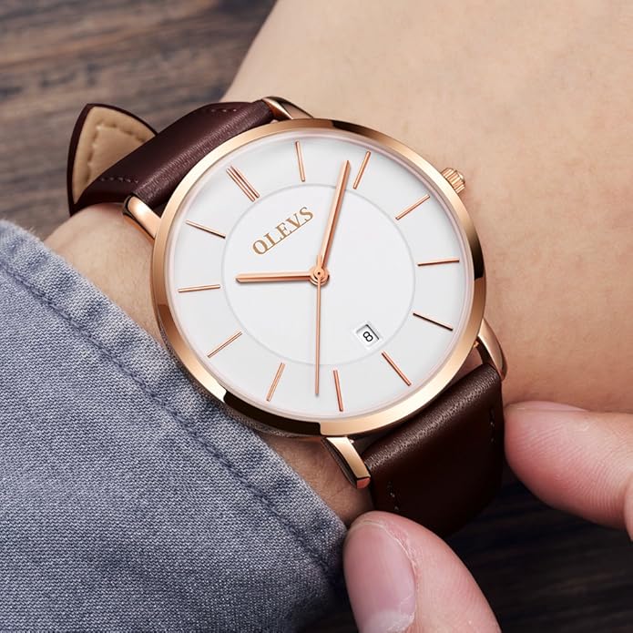 OLEVS Mens Watches Minimalist Ultra Thin Fashion Casual Analog Quartz Date Watch Waterproof Slim Simple Big Face Dress Wrist Watch Leather Band for Men