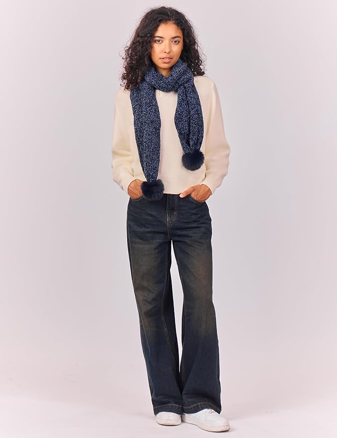 Womens Chenille Scarf with Pompom Winter Knit Warm Scarves for Cold Weather with Gift Box