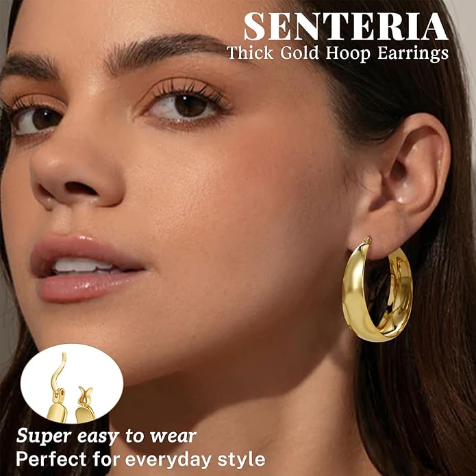 Senteria 12mm Wide Thick Hoop Earrings 925 Sterling Silver Hoop Earrings for Women Hypoallergenic 14K Real Gold Plated Hoops Large Earring Lightweight Chunky Hoops Earring for Women 25/30/40/50MM