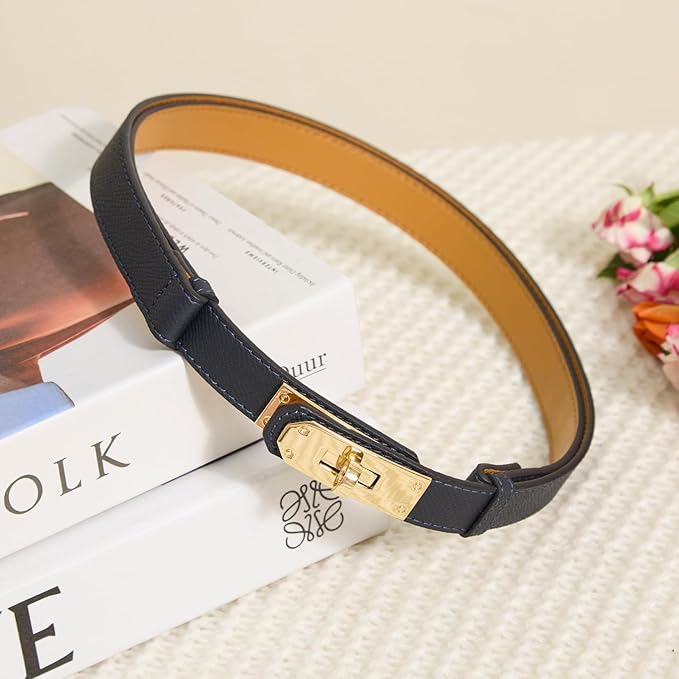 Skinny Leather Belts for Women with Adjustable Silver Turn-Lock Buckle for Dresses Jeans and Pants