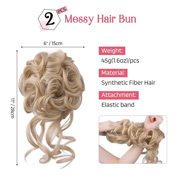HOOJIH 2PCS Messy Bun Hair Piece, Tousled Updo with Tendrils Hair Bun Extensions Wavy Curly Wrap Ponytail Hairpieces Scrunchies for Women HB010 Dasiy - Medium Blonde