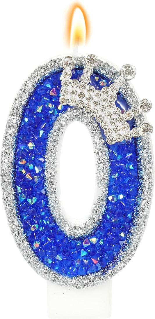Blue Birthday Candle Crown Number 0 Candle with Sequins Cake Candles Cupcake Decorations Party Decor for Anniversary Celebrations Supplies