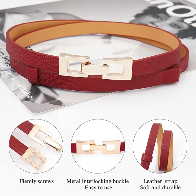 Glamorstar Skinny Belts for Women Thin PU Leather Waist Belt with Gold Buckle for Dresses