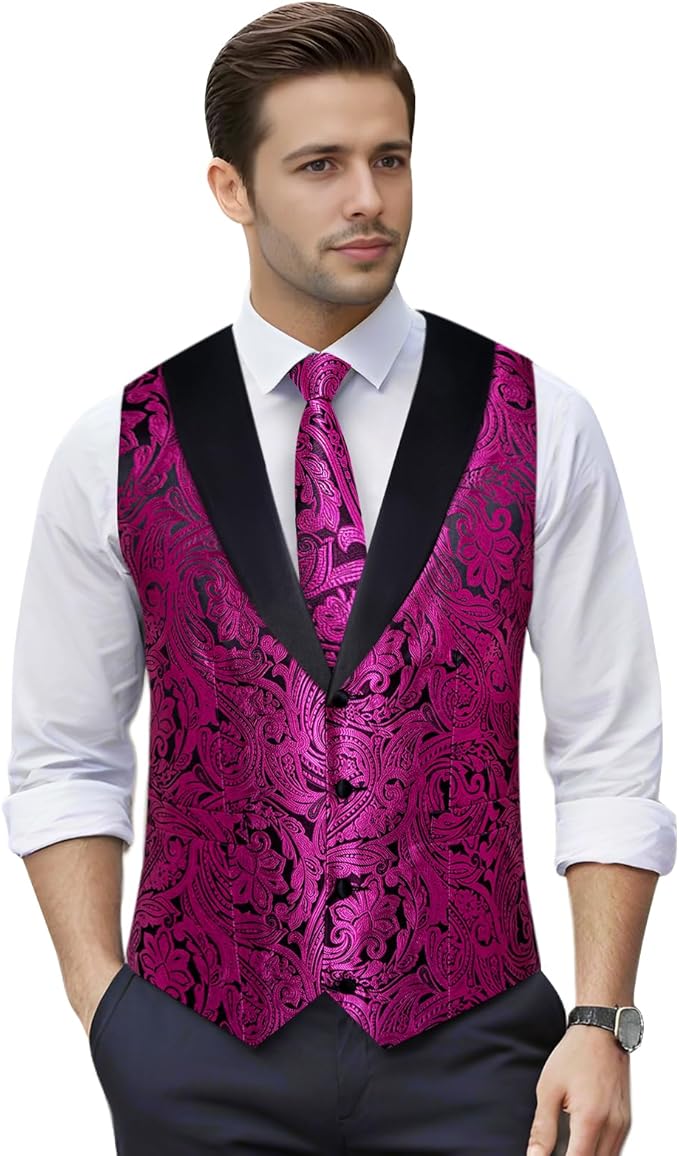 DiBanGu Mens Paisley Suit Vest Silk Jacquard Waistcoat and Necktie Set Formal Shawl Collar Dress Vest 7PCS for Wedding Party