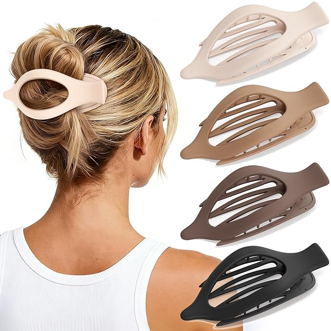 4 PCS Large Flat Hair Clips for Women Girls, French Concord Lay Down Claw Clips for Thick Thin Hair, Comfortable Curved Flat Hair Clips, Matte Non-slip Strong Hold Hair Accessories, Neutral