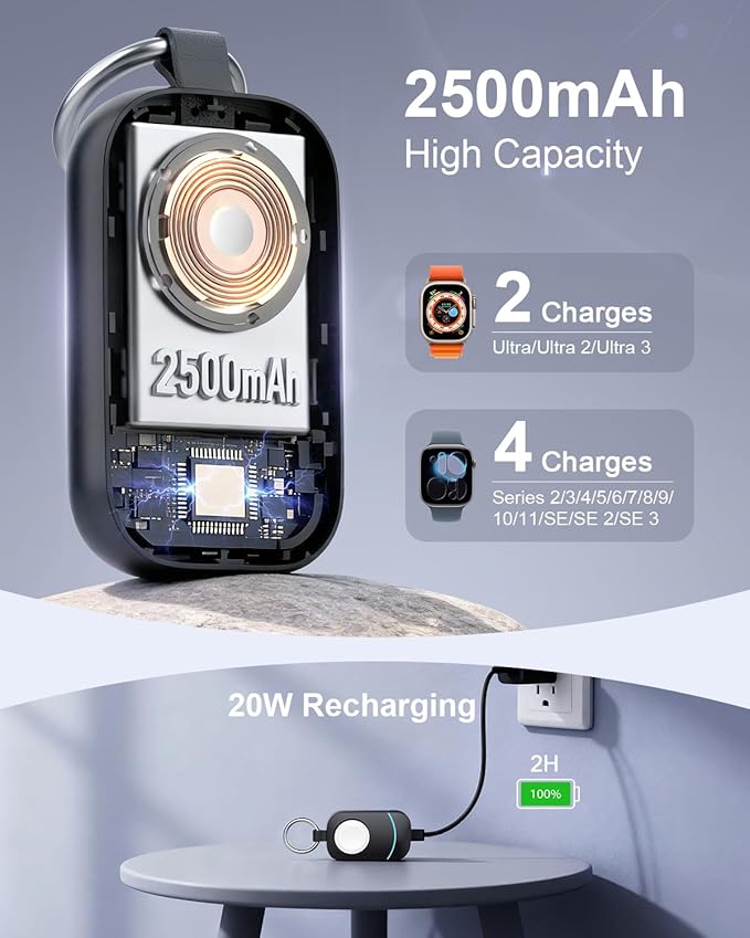 2500mAh Portable Charger for Apple Watch - Magnetic Fast Charging for Apple Watch Charger - Compact iWatch Accessories with Keychain for RV, Camping, Car & Travel Essential