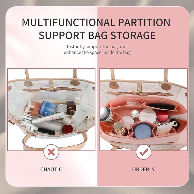 Doxo Purse Organizer Insert & Base Shaper 2pc Set, Felt Handbag & Tote Bag Fit L Speedy 30 Nererfull PM More(Pink,Medium-Combination)