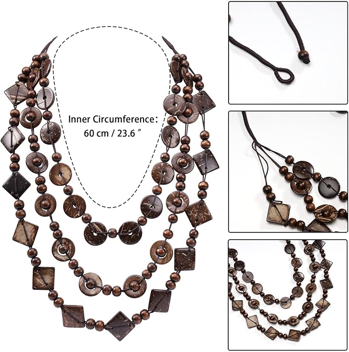 MILAKOO Wood Beads Necklace & Earrings for Women Chunky Multi-Layering Choker Necklace Ear Pendant