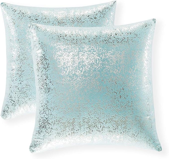 Xinrjojo Pack of 2, Shiny Cushion, Decorative Pillow Covers, Soft Square Throw Pillow Covers, Solid Cushion Covers, Pillow Cases for Sofa Bedroom Car 24 x 24 Inch (Silver- Lake Blue)